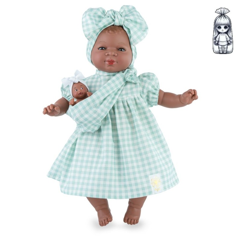 Muñeca Maria Con bebé Vichy Menta 45cm