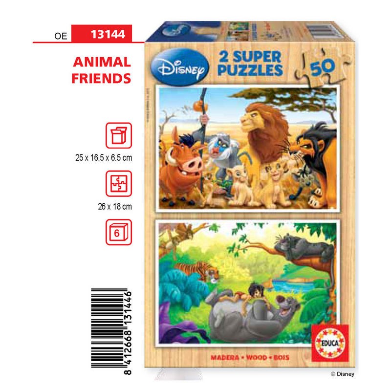 Puzzle El Rey Leon + El Libro de la Selva Animal Friends Disney madera 2x50pzs