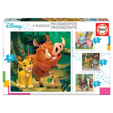 Puzzle Progresivo Dumbo + Bambi + El Rey Leon + El Libro de la Selva Animals Disney 12-16-20-25pzs